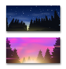 Winter christmas night banners set. Sunset and dawn. Pink clouds with stars and sunlight, dark forest. Colorful Northern Lights. Christmas New Year Style. Greeting card. Vector illustration. EPS 10.