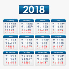 Calendar on a grey background with blue elements for 2018