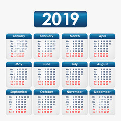 Calendar on a grey background with blue elements for 2019