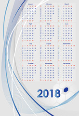 Calendar 2018 on gray background with blue lines
