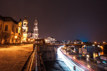 Fototapeta na wymiar Night view of the Old Town architecture with Elbe river embankment in Dresden, Saxony, Germany