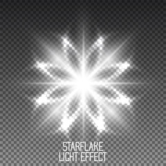 Shining silver snowflake or flower looking star light vector effect. Glittering magical winter illumination for decorative purposes on transparent background. © Manon Labe