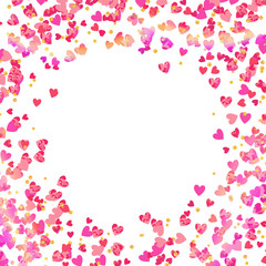 Pink heart shaped confetti and golden glitter decorated vector frame invitation  template for celebration Valentine's day parties, events or greeting wishes cards.