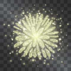 Golden glitter fireworks light effect, shining bright decorative design elements for posters, banners, invitations. Glowing round shape neon backgrounds, sparkling energy explosion. © Manon Labe