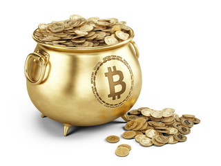 Bitcoin concept - Pot of bitcoins isolated on white - 3d illustration