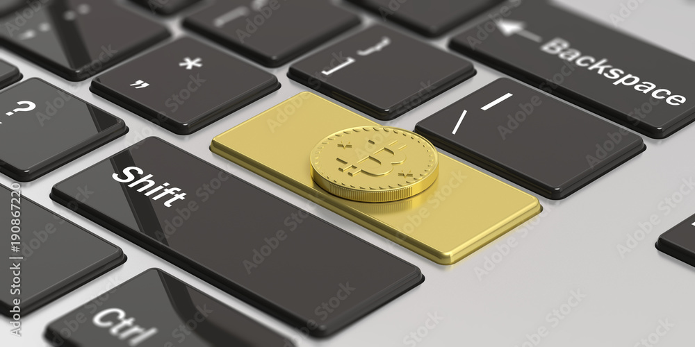 Poster cryptocurrency. golden bitcoin as enter key of a computer keyboard. 3d illustration