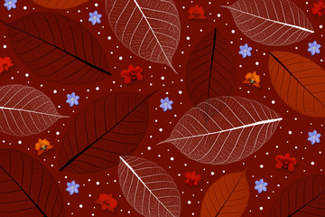 abstract background, leaves and flowers design in red tone color flat layout style