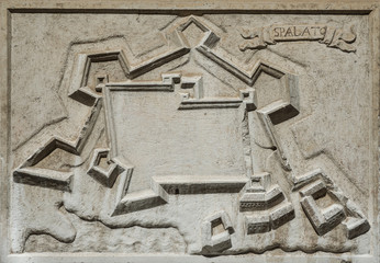 Ancient map of Split (Spalato) city in Croatia, an old venetian fortress on Adriatic Sea, from a stone relief on Santa Maria del Giglio Church in Venice, completed in the 17th century