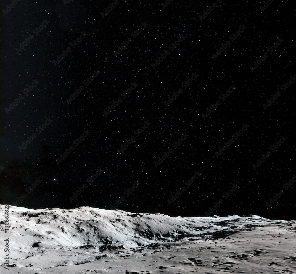 Wall mural moon surface. realistic 3d render of moon and space. space and planet. satellite. nebula. stars. ele