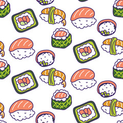 Sushi rolls set vector seamless pattern. Japan cuisine background.