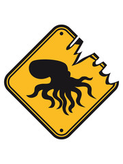 gefahr schild warnung achtung böse gefährlich oktopus tentakel unterwasser tintenfisch riesenkrake kraken comic cartoon design clipart © Style-o-Mat-Design