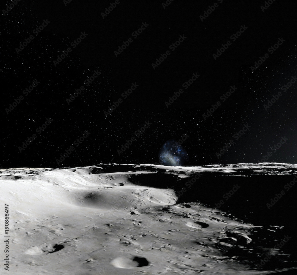 Canvas Prints moon surface. realistic 3d render of moon and space. space and planet. satellite. nebula. stars. ele