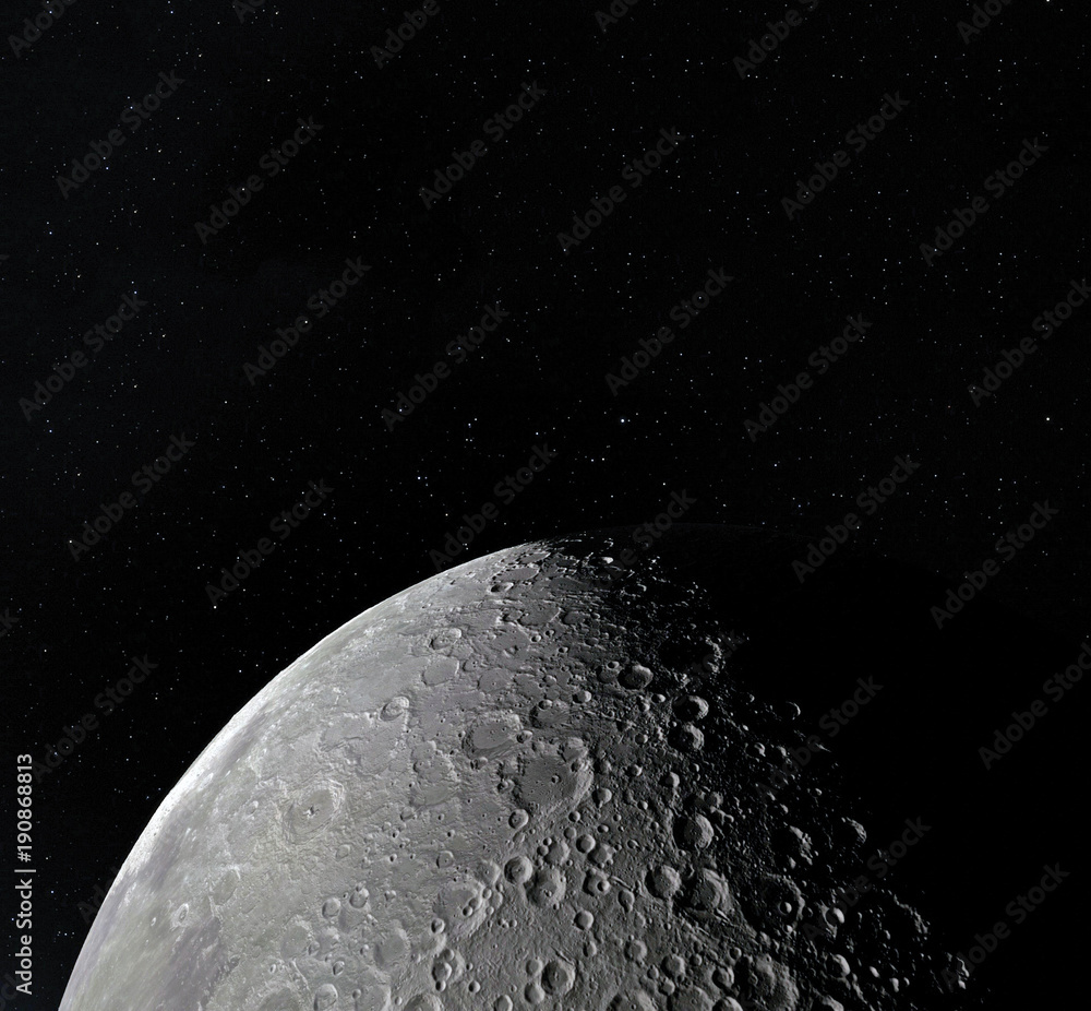 Wall mural moon surface. realistic 3d render of moon and space. space and planet. satellite. nebula. stars. ele