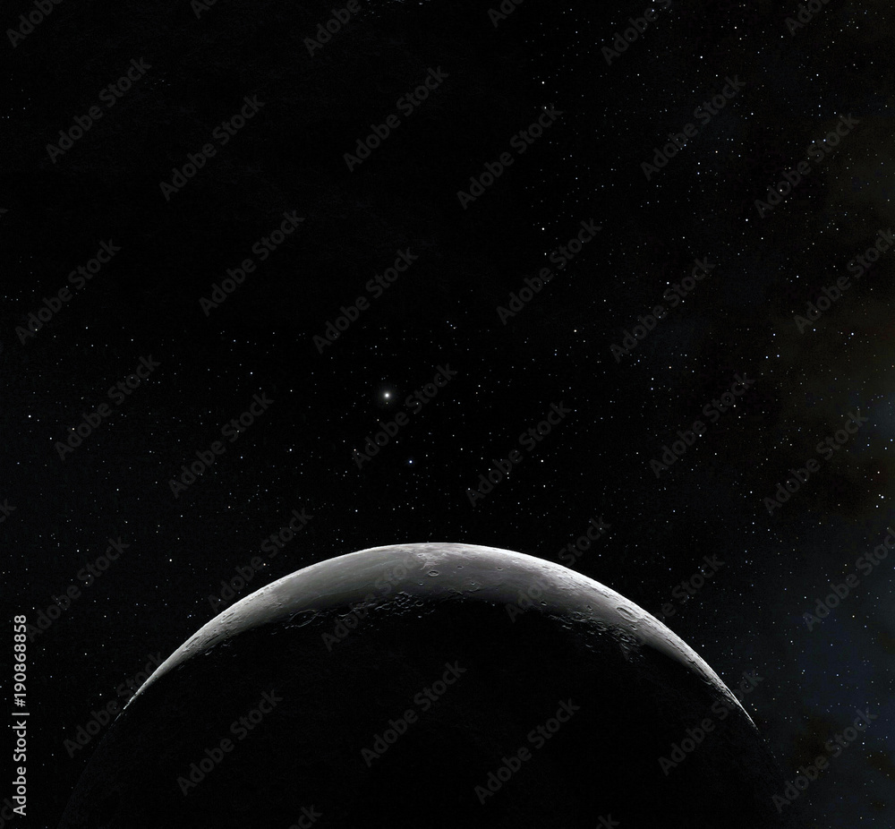 Wall mural moon surface. realistic 3d render of moon and space. space and planet. satellite. nebula. stars. ele