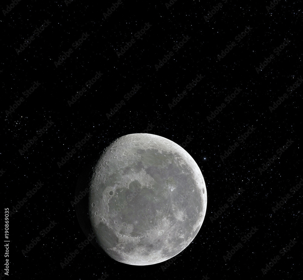 Wall mural moon surface. realistic 3d render of moon and space. space and planet. satellite. nebula. stars. ele