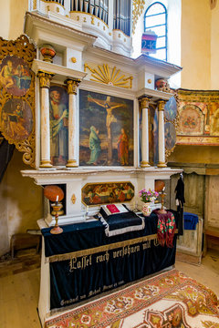 Cloasterf, Transylvania, Romania, August 2017: Interior of the Saxon Fortified Church in Cloasterf Village