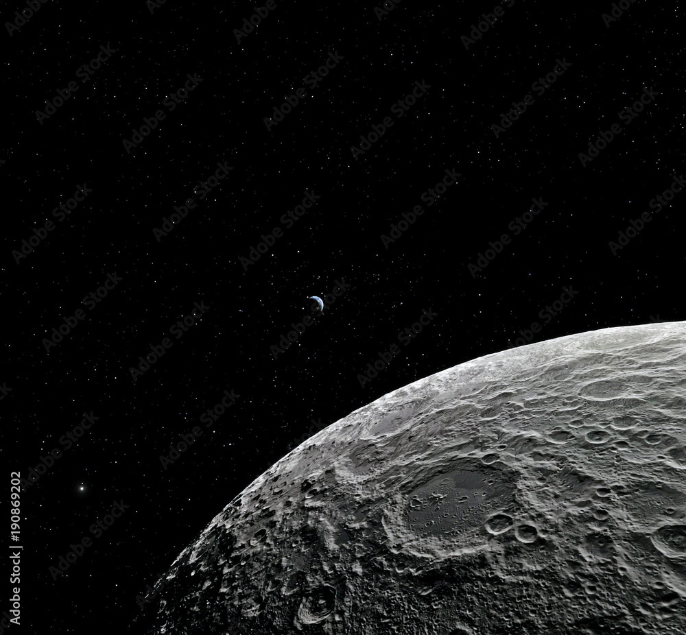 Canvas Prints moon surface. realistic 3d render of moon and space. space and planet. satellite. nebula. stars. ele