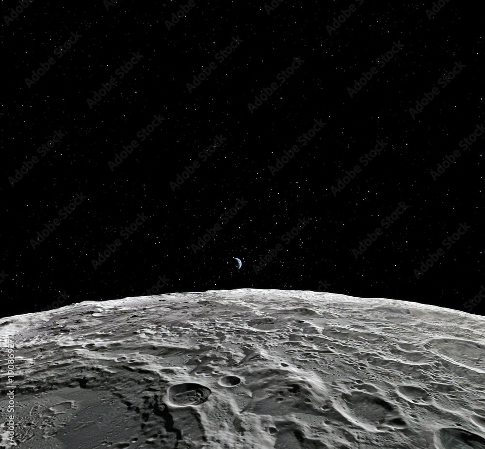 Canvas Prints moon surface. realistic 3d render of moon and space. space and planet. satellite. nebula. stars. ele