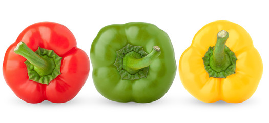 three colorful sweet pepper, red green, yellow, paprika, clipping path, isolated on white...