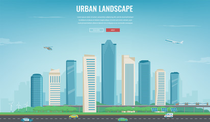 Urban landscape. Modern city. Building architecture, cityscape town. Concept website template. Vector