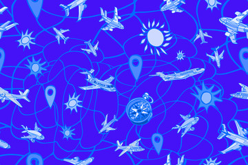 Vector seamless pattern with fantasy airplanes. Abstract travel or transportation blue background. Hand drawn.