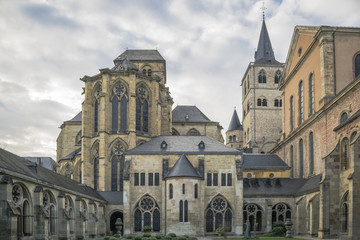 Detail of High Saint Peter Cathedral in Trier, Germany. Early November evening light.