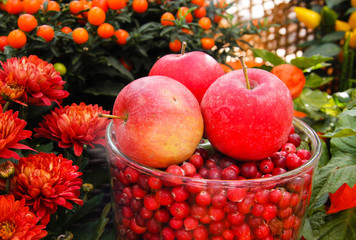Red apples, cranberry and flowers
