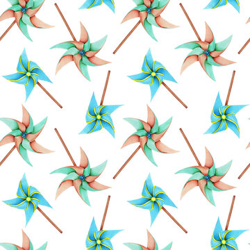 Watercolor windmill toys seamless pattern, hand drawn isolated on a white background