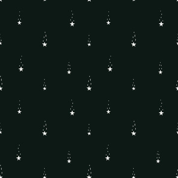 Dark night sky and falling stars. Hand drawing vector seamless pattern. Stars with a trace after them