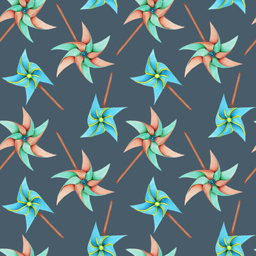 Watercolor windmill toys seamless pattern, hand drawn isolated on a blue background