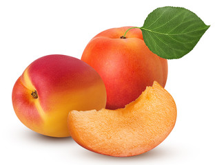 Two fresh ripe apricot with leaf and slice