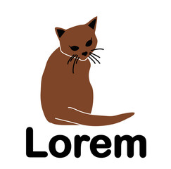 Icon or logo of a cute cat sitting and looking back with black details. Beautiful vector for fashion and beauty shop. Illustration isolated with sample text.