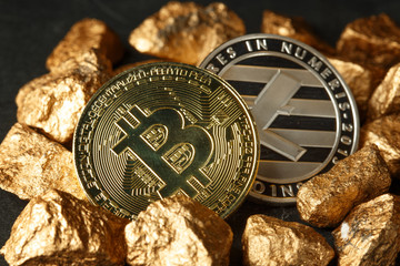 Golden Bitcoin Coin and mound of gold. Bitcoin cryptocurrency. 