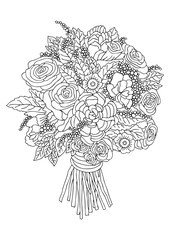 Hand drawn bouquet with roses. Sketch for anti-stress adult coloring book in zen-tangle style. Vector illustration for coloring page, isolated on white background.
