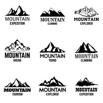 Set of mountain icons isolated on light background. Design elements for logo, label, emblem, sign.