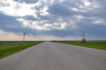 Fototapeta na wymiar empty rural road between green fields in steppe near Novyy Yegorlyk, Rostov region, Russia