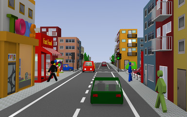 Obraz premium Stadtansicht mit grüner Ampel, Häusern, Autos, Fußgängern und Geschäften. 3d render