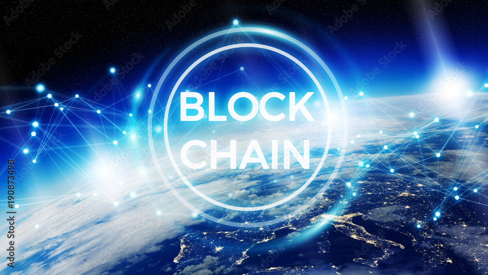 Poster blockchain on planet earth 3d rendering