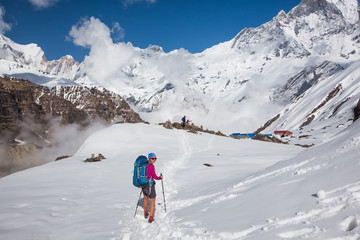 Fototapeta na wymiar Trekker on the way to Annapurna base camp, Nepal