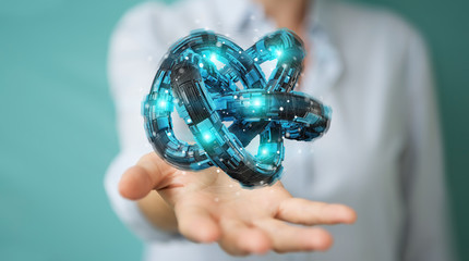 Businesswoman using futuristic torus textured object 3D rendering