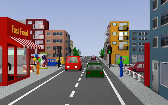 Stadtansicht mit grüner Ampel Kreuzung, Häusern, Autos, Fußgängern und Geschäften. 3d render