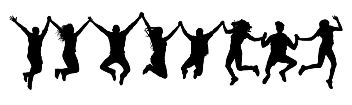 People holding hands in a jump silhouette