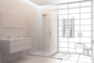 3d illustration. Sketch of a shower to become a 3d white interior