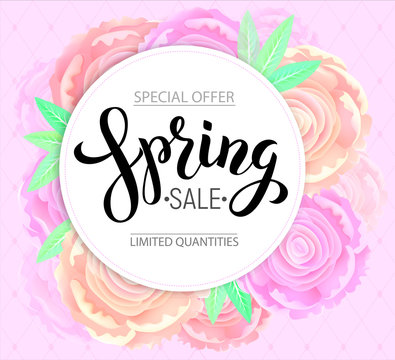 Spring sale with background pink peonies