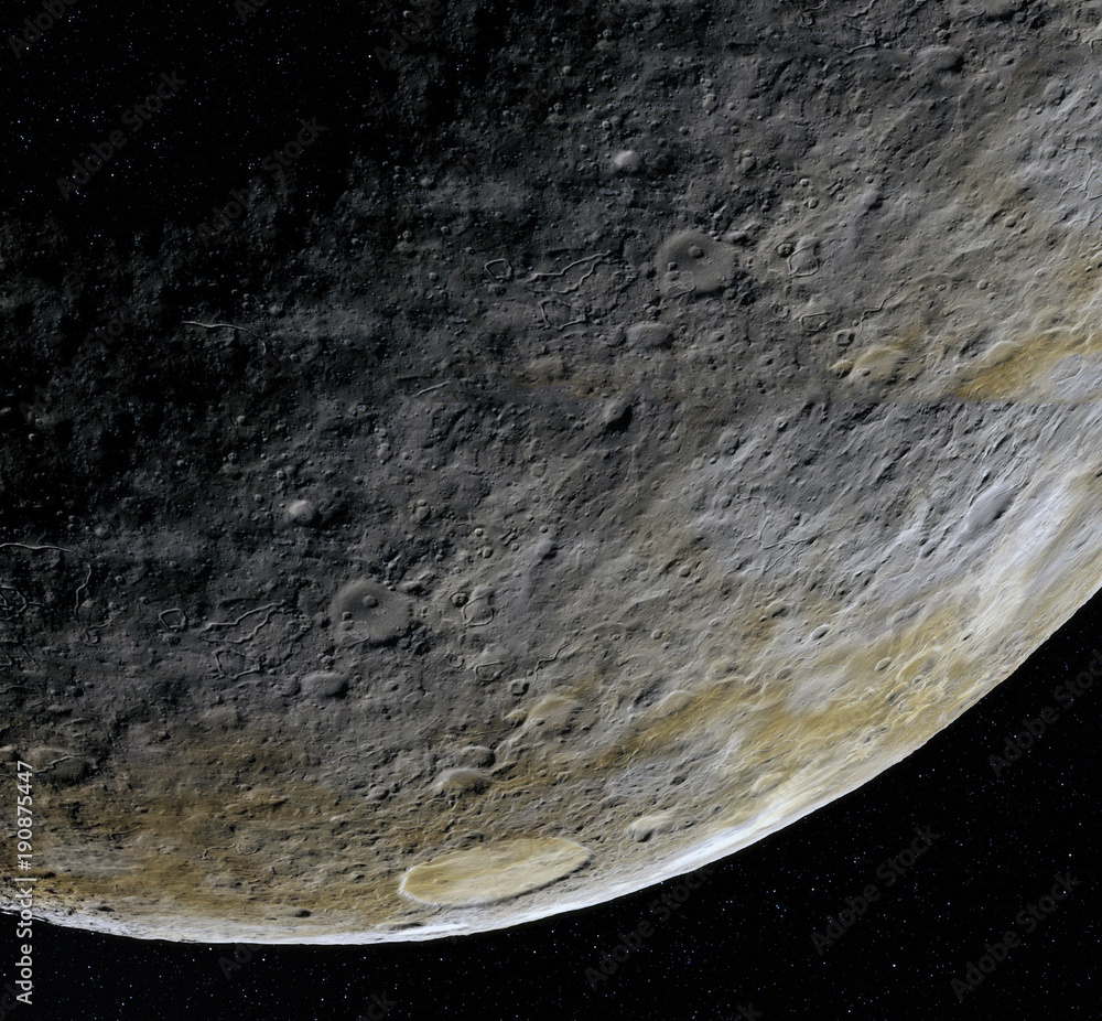 Canvas Prints moon surface. realistic 3d render of moon and space. space and planet. satellite. nebula. stars. ele
