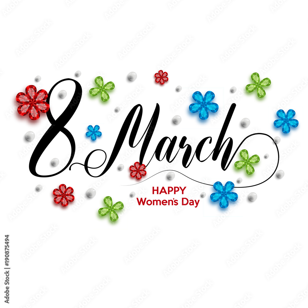 Sticker 8 march inscription decorated with colored glass flowers and beads. greeting card from 8 march inter