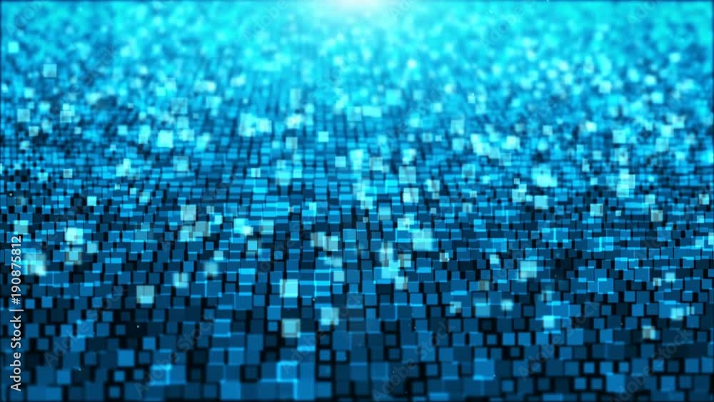 Poster animation ,motion abstract background with square light blue and white moving and flicker particles.