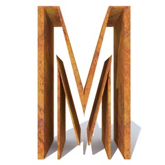 Conceptual old rusted metal font or type, iron or steel industry piece isolated white background. Educative rusty material, aged vintage surface, worn damaged object as 3D illustration rough surface