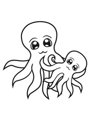 familie mama papa junges kind süß niedlich qualleklein baby oktopus tentakel unterwasser tintenfisch riesenkrake kraken comic cartoon design clipart