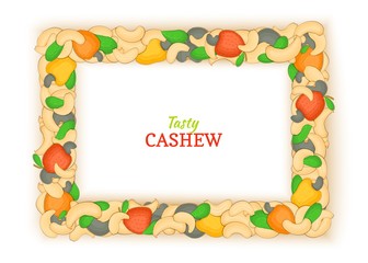Horizontal rectangle frame composed of delicious cashew nut. Vector card illustration. Nuts frame, walnut fruit in the shell, shelled, leaves for packaging design of breakfast cosmetics detox diet